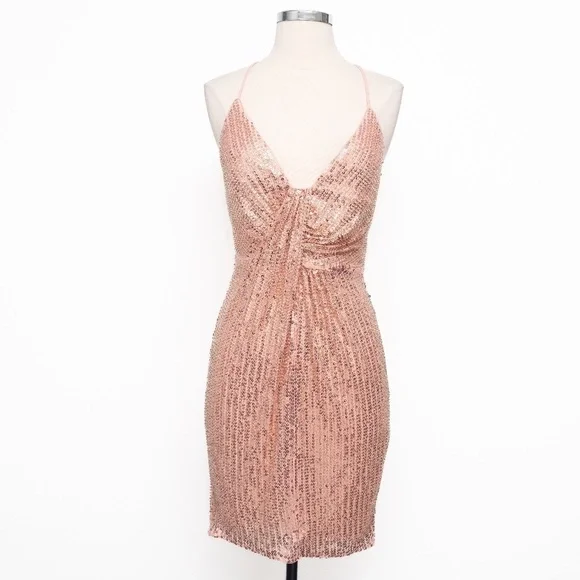 Liv Foster -  Rosy Peach Sequin Draped Plunge V-Neck Mini Dress‎ - Picture 2 of 15